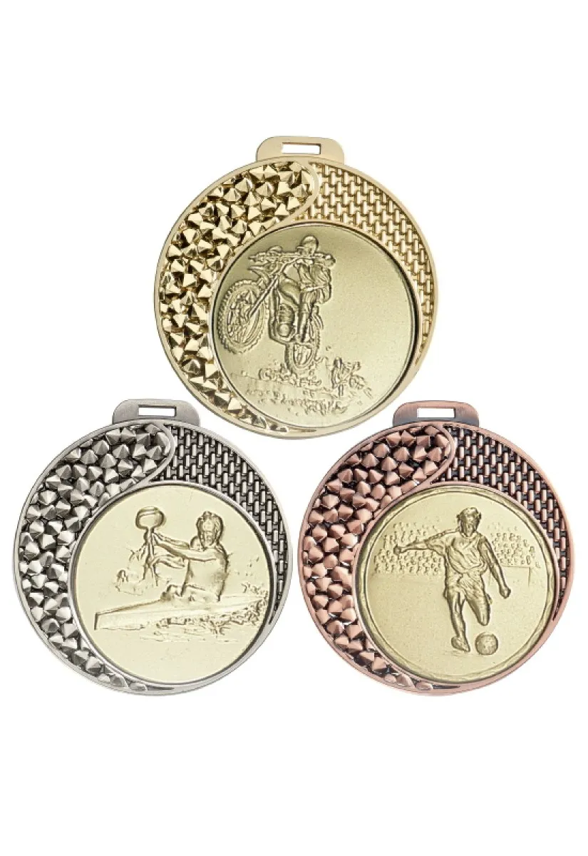 Medalje i guld, sølv, bronze emaljeret med blåt, 7 cm