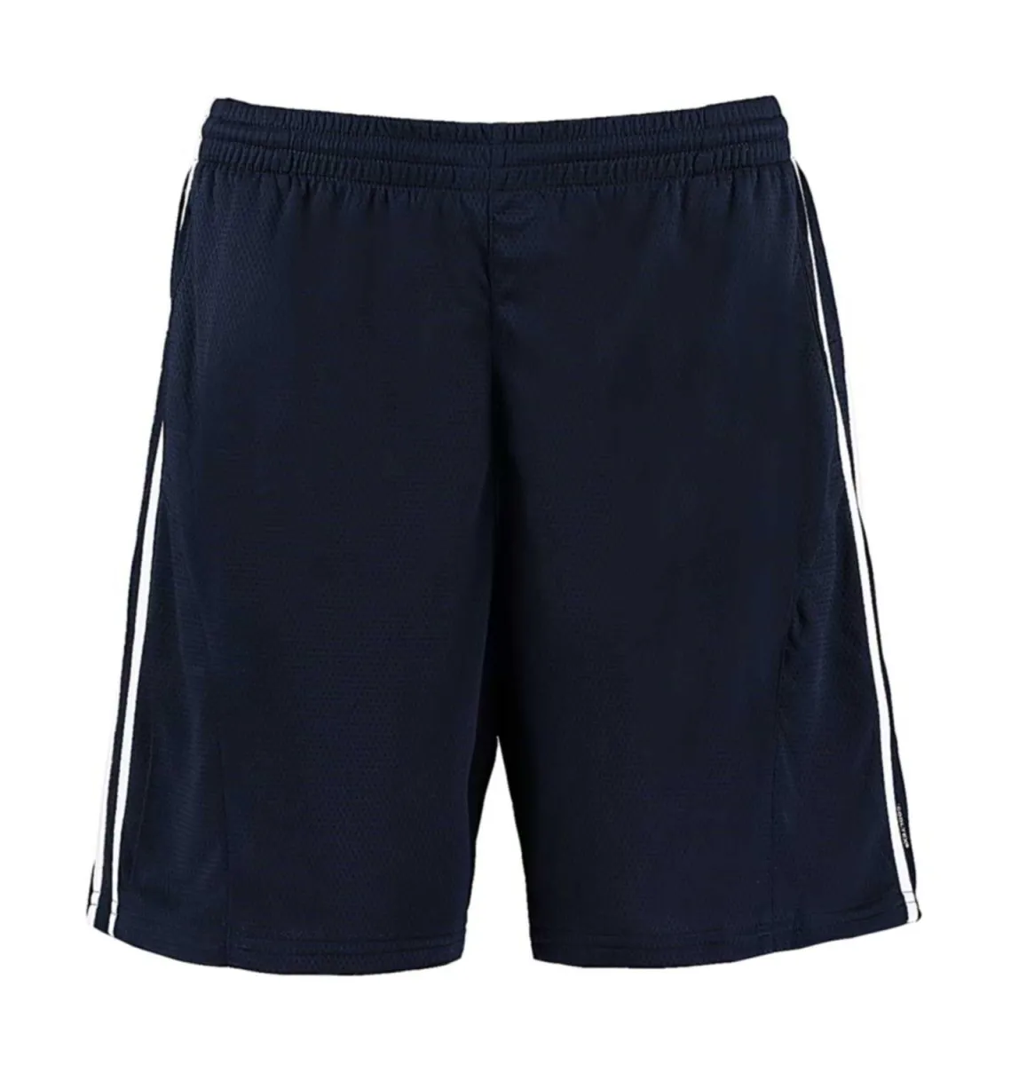 Cooltex sports shorts dark blue with white stripes from the front