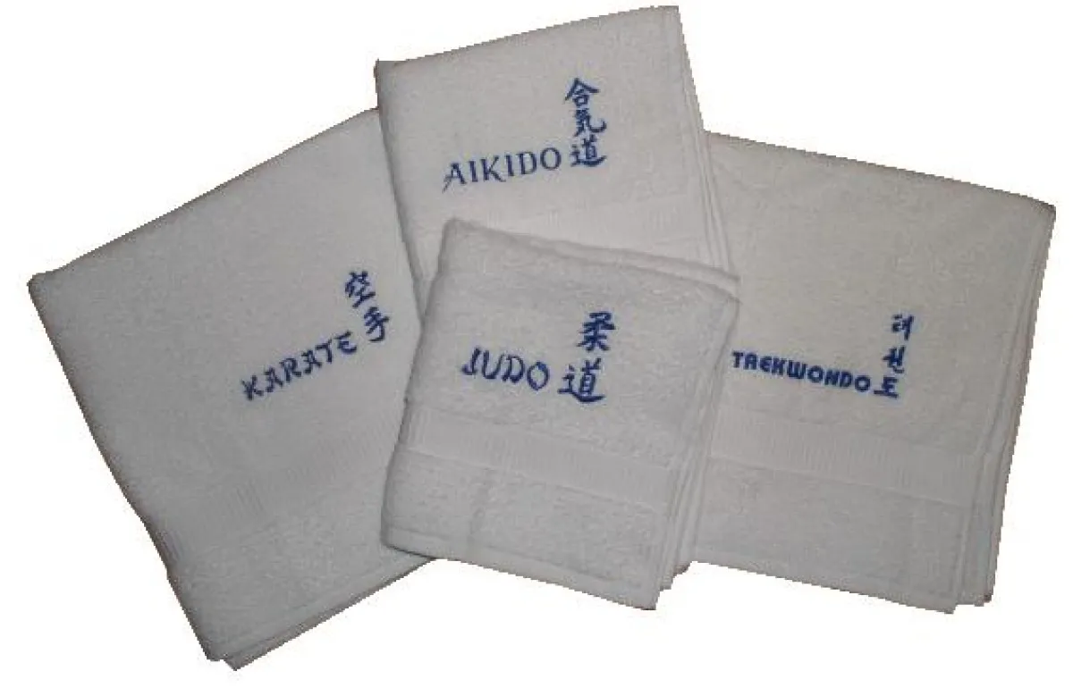Frottehåndklæder, hvide, broderet i kongeblå med Aikido og tegn
