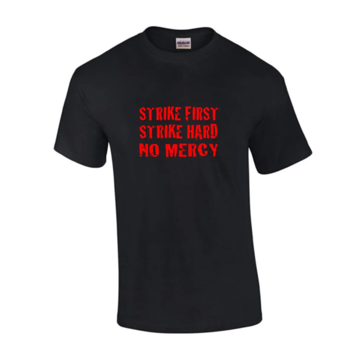 T-shirt STRIKE FIRST | STRIKE HARD | NO MERCI zwart-rood