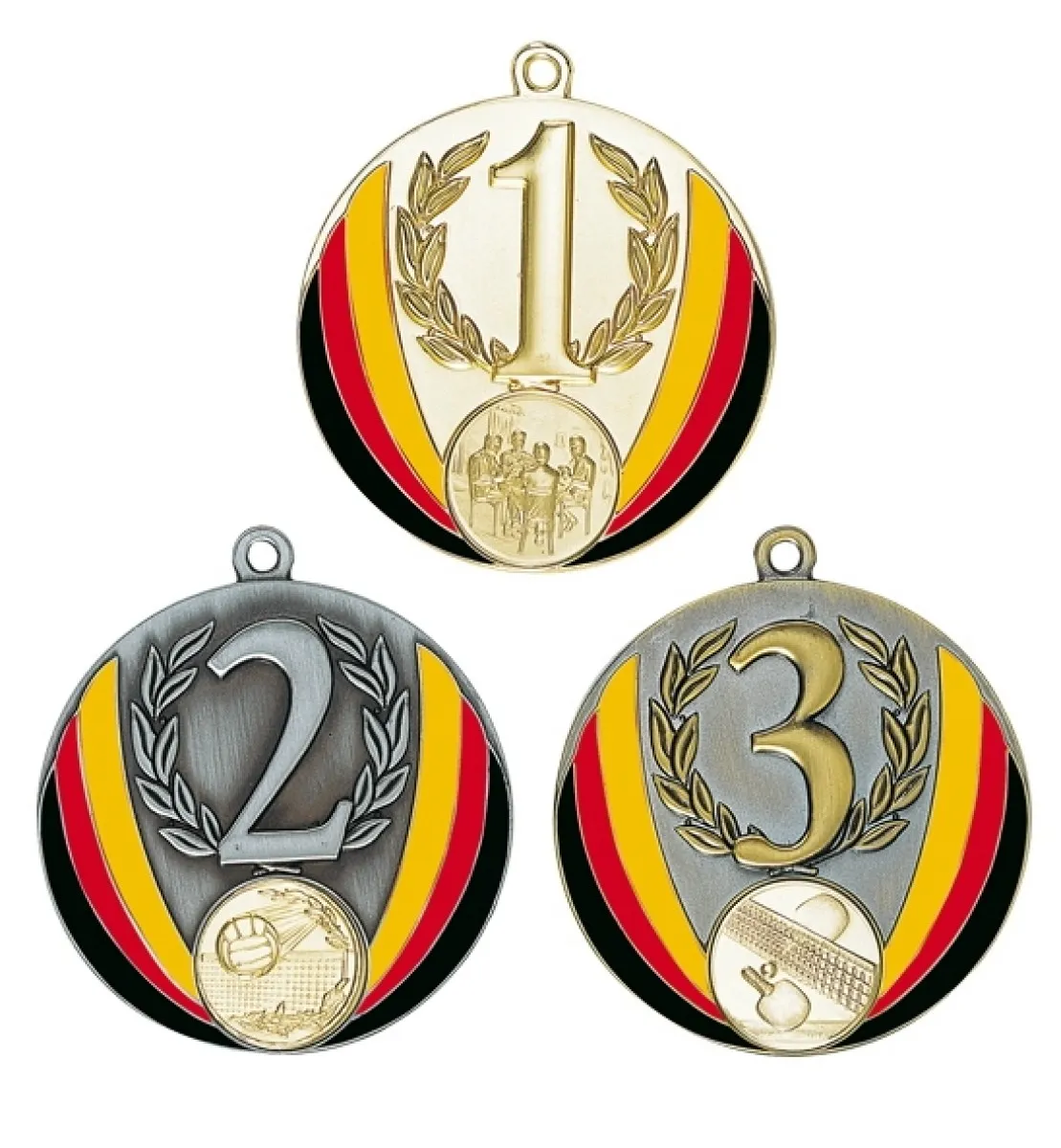 Medaljer med tyske flag i guld, sølv eller bronze. Diameter ca. 7 cm. Emblemstørrelse 2,5 cm.