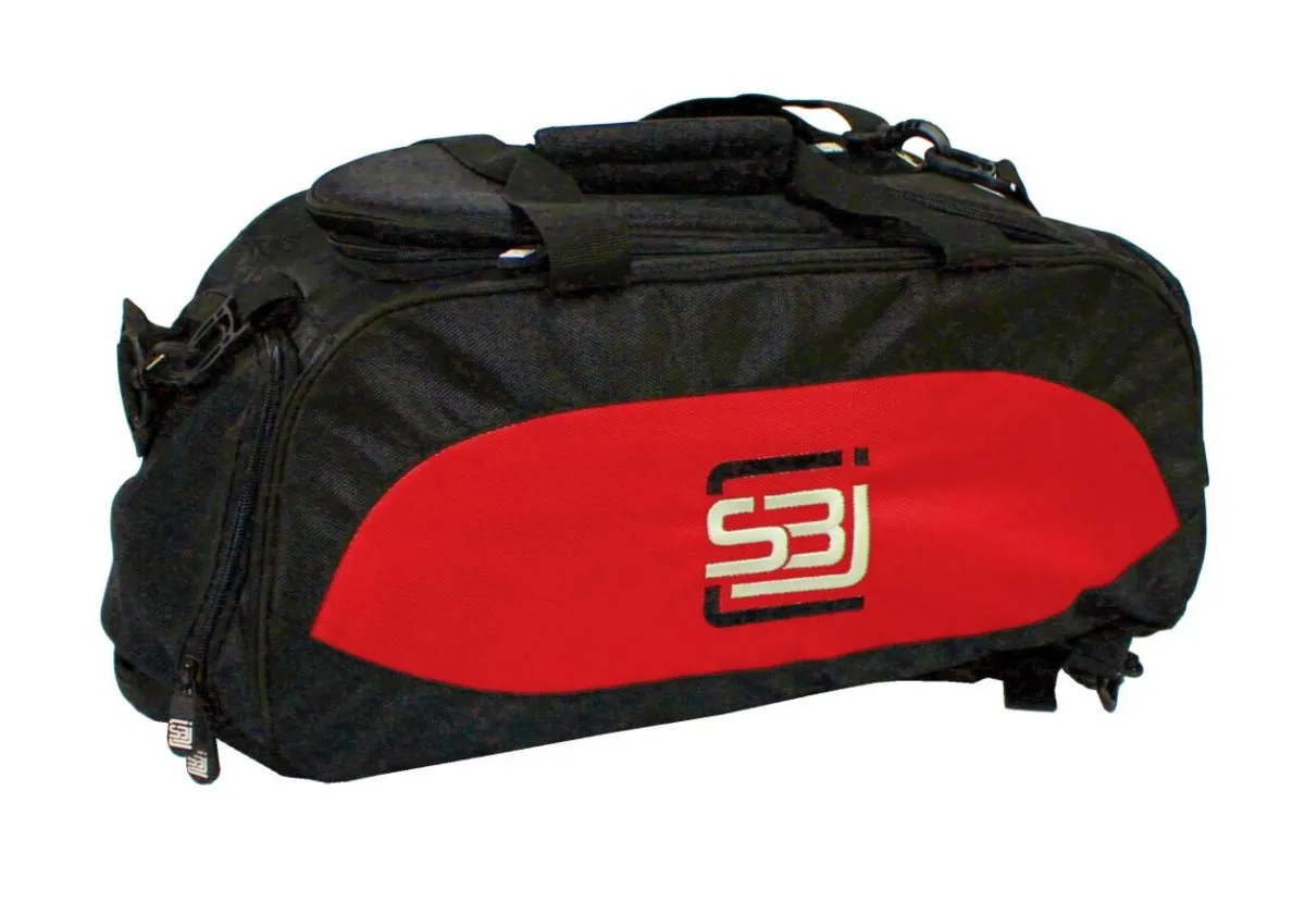 Sportstaske med rygsækfunktion i sort med farvede sideindsatser i rød